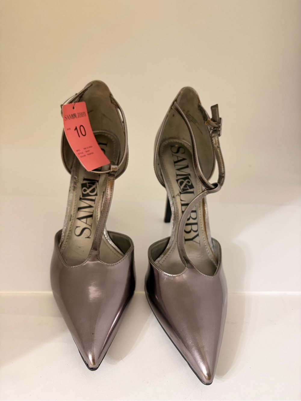 Sam & Libby Metallic Taupe Pointed-Toe Ankle-Strap Pumps